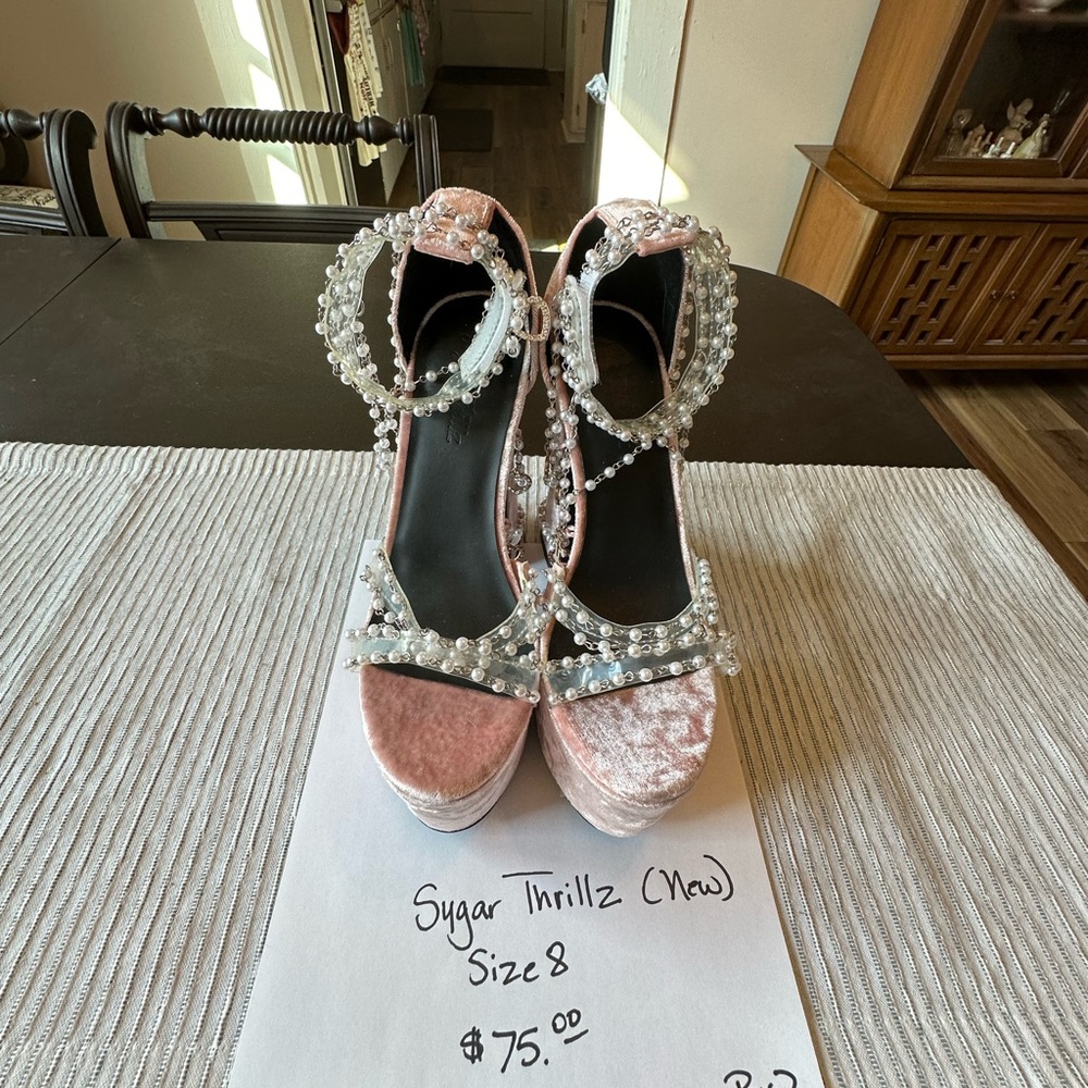 Sugar Thrillz Pink Velvet Pearl Embellished Platform Heels - Picture 2 of 5